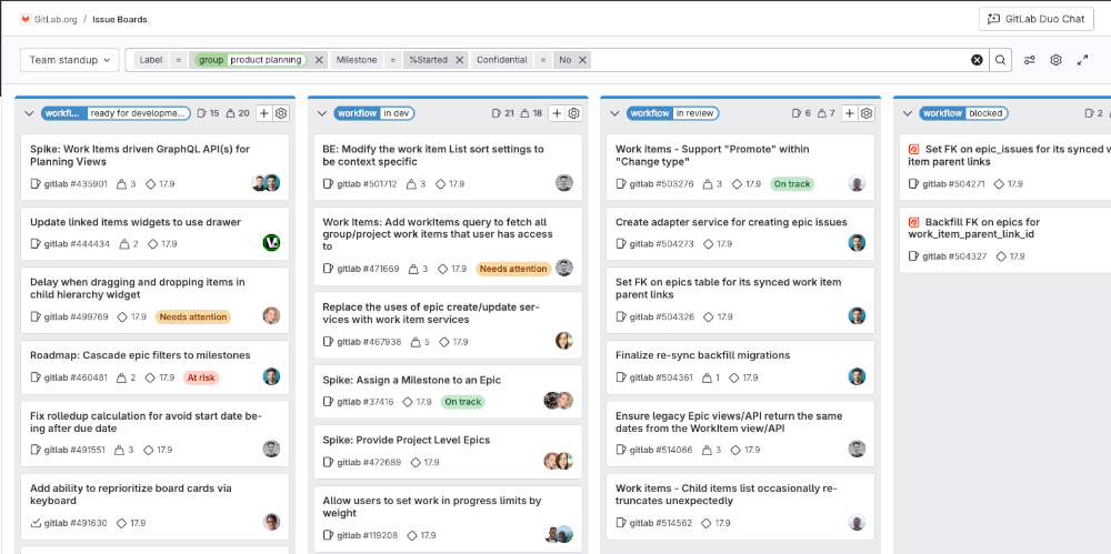 Issue board called “Team stand-up” with workflow lists but no issues