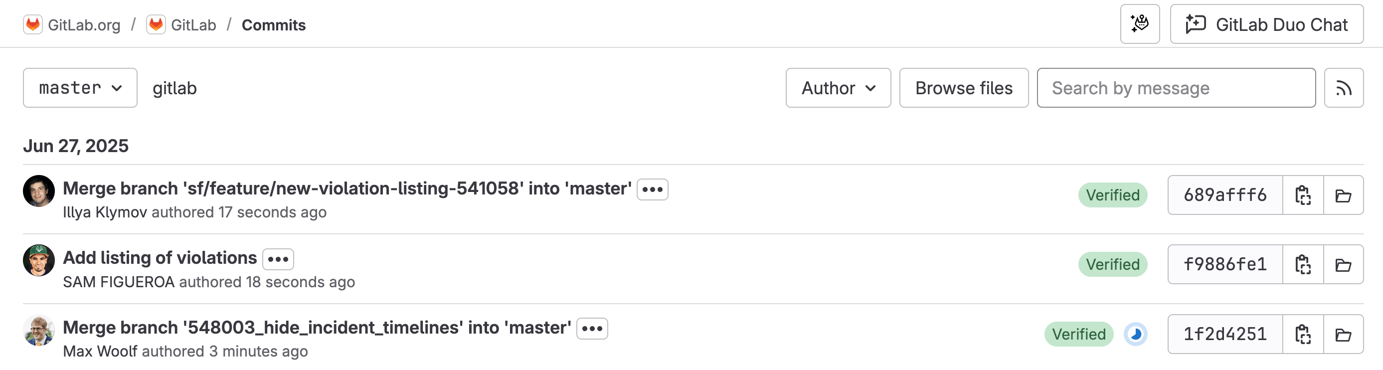 An example of a repository’s commits list