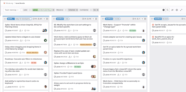 Issue board called “Team stand-up” with workflow lists but no issues