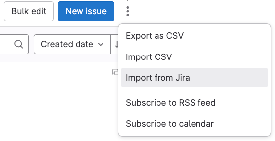 The Import from Jira option in the Actions menu on the Work items page.