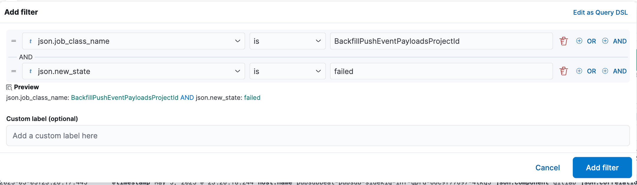 Kibana filter configuration setting job class name and failed state parameters.